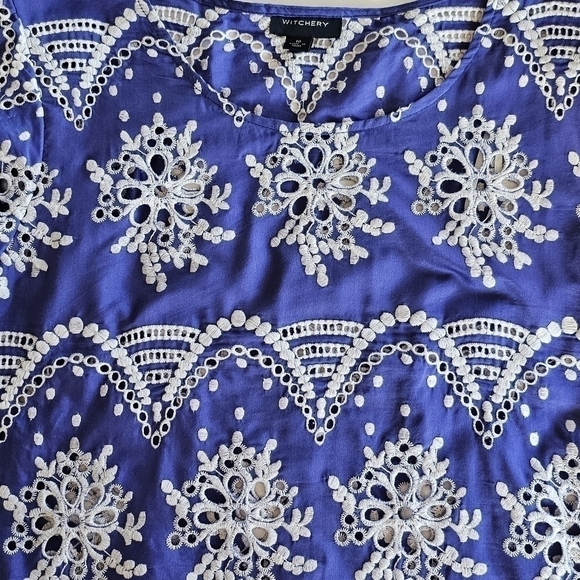 Witchery Silk Puff Sleeve Eyelet Purple Blue Top Size 10 - Picture 11 of 14